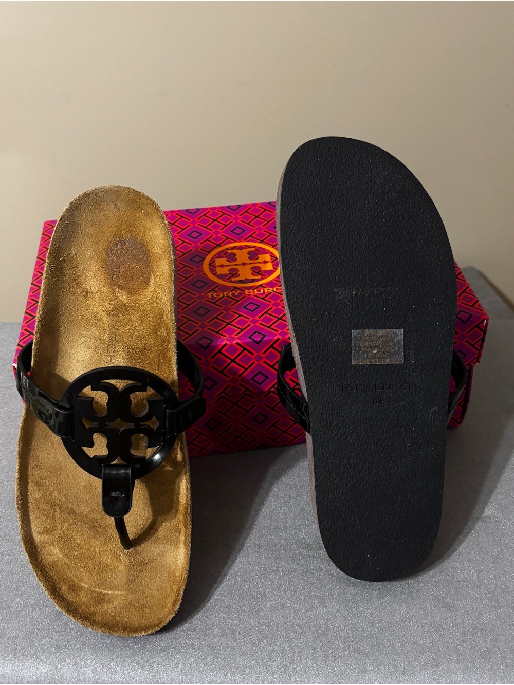 Tory Burch Black Logo Thong Sandals with Gold Footbed